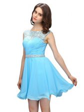 Spectacular Scoop Baby Blue Column/Sheath Beading Evening Dress Zipper Chiffon Sleeveless Mini Length
