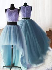  Three Piece Scoop Organza and Tulle and Lace Sleeveless With Train 15 Quinceanera Dress Brush Train and Beading and Lace and Ruffles