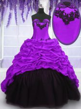  Purple Ball Gowns Taffeta Sweetheart Sleeveless Appliques and Pick Ups With Train Lace Up Vestidos de Quinceanera Sweep Train