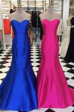 Ideal Royal Blue Mermaid Ruching Prom Gown Zipper Satin Sleeveless Floor Length