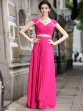 Customized Hot Pink Prom Party Dress Prom and Party with Beading V-neck Sleeveless Zipper