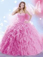  Rose Pink Ball Gowns Beading and Ruffles 15th Birthday Dress Lace Up Tulle Sleeveless