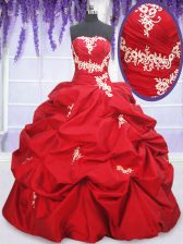 Exquisite Floor Length Lace Up Quinceanera Gowns Red for Military Ball and Sweet 16 and Quinceanera with Appliques and Pick Ups