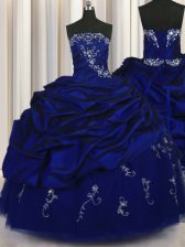  Taffeta Strapless Sleeveless Lace Up Beading and Embroidery and Pick Ups Quinceanera Gown in Royal Blue
