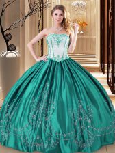 Classical Turquoise Ball Gowns Taffeta Strapless Sleeveless Embroidery Floor Length Lace Up Sweet 16 Dresses