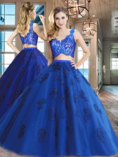  Two Pieces Ball Gown Prom Dress Royal Blue V-neck Tulle Sleeveless Floor Length Zipper