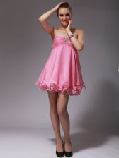 Exceptional Sweetheart Sleeveless Homecoming Dress Mini Length Ruching Rose Pink Chiffon