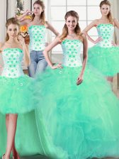  Four Piece Turquoise Lace Up Strapless Beading and Appliques and Ruffles Sweet 16 Quinceanera Dress Tulle Sleeveless