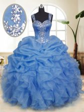Deluxe Blue Quinceanera Gown Military Ball and Sweet 16 and Quinceanera with Beading and Ruffles and Pick Ups Straps Sleeveless Zipper