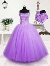 Fashionable Tulle Straps Sleeveless Lace Up Beading and Sequins Little Girls Pageant Gowns in Lilac