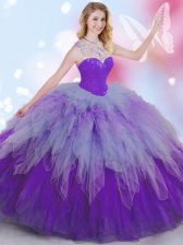  Sleeveless Tulle Floor Length Zipper 15th Birthday Dress in Multi-color with Beading and Ruffles