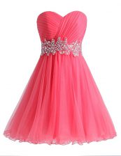  Hot Pink A-line Chiffon and Tulle Sweetheart Sleeveless Beading and Ruching Knee Length Lace Up Homecoming Dress