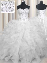 High End Organza Sweetheart Sleeveless Lace Up Beading and Ruffles 15th Birthday Dress in White