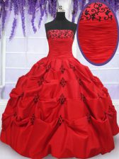 Glittering Red Sleeveless Floor Length Appliques and Pick Ups Lace Up Quince Ball Gowns