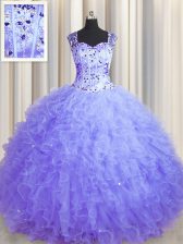  See Through Zipper Up Lavender Zipper 15 Quinceanera Dress Beading and Ruffles Sleeveless Floor Length