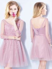Traditional Sleeveless Tulle Mini Length Lace Up Vestidos de Damas in Pink with Appliques and Belt