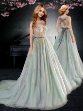  Scoop With Train Backless Prom Gown Apple Green for Prom with Appliques and Bowknot Brush Train
