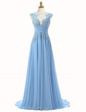 Sophisticated Light Blue Zipper Scoop Appliques Homecoming Dress Chiffon Sleeveless Brush Train