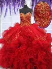 Flare Red Ball Gowns Sweetheart Sleeveless Organza and Taffeta With Brush Train Lace Up Beading and Embroidery and Ruffles Sweet 16 Dress