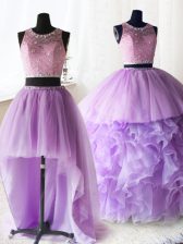Deluxe Three Piece Scoop Lilac Sleeveless Organza and Tulle Brush Train Zipper Sweet 16 Dresses for Military Ball and Sweet 16 and Quinceanera