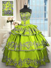  Sleeveless Taffeta Floor Length Lace Up Quinceanera Dress in Yellow Green with Embroidery and Ruffled Layers
