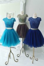 Fancy Scoop Cap Sleeves Knee Length Beading Zipper with Aqua Blue
