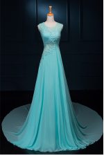 Custom Design Scoop Baby Blue Sleeveless Chiffon Brush Train Zipper Homecoming Dress for Prom and Party