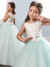 Dramatic Scoop Apple Green Zipper Little Girl Pageant Dress Appliques and Sashes ribbons Sleeveless Floor Length