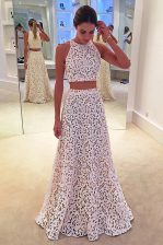  Scoop Floor Length Zipper Prom Gown White for Prom with Lace