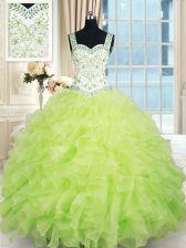 Elegant Straps Floor Length Yellow Green Ball Gown Prom Dress Organza Sleeveless Beading and Ruffles