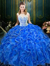Inexpensive Scoop Sleeveless Floor Length Lace and Ruffles Zipper Quinceanera Dress with Royal Blue