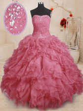 Artistic Pink Lace Up Sweet 16 Dress Beading and Ruffles and Ruching Sleeveless Floor Length
