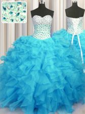 Gorgeous Baby Blue Organza Lace Up Quince Ball Gowns Sleeveless Floor Length Beading and Ruffles