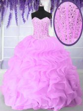 Modern Lilac Ball Gowns Beading and Ruffles Quinceanera Dresses Lace Up Organza Sleeveless Floor Length