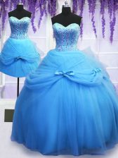 Cute Three Piece Baby Blue Sleeveless Beading and Bowknot Floor Length Sweet 16 Dress
