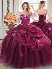 Wonderful Burgundy Sweetheart Neckline Appliques and Pick Ups Ball Gown Prom Dress Sleeveless Lace Up
