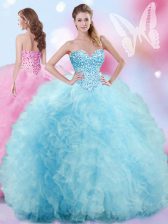 Eye-catching Sleeveless Tulle Floor Length Lace Up Sweet 16 Quinceanera Dress in Baby Blue with Beading and Ruffles