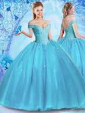 Lovely Baby Blue Ball Gowns Tulle Off The Shoulder Sleeveless Beading Floor Length Lace Up 15 Quinceanera Dress