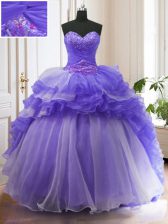  Purple Sweetheart Lace Up Beading and Ruffled Layers Quinceanera Gown Sweep Train Sleeveless