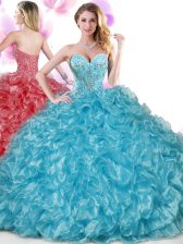  Floor Length Blue Sweet 16 Quinceanera Dress Organza Sleeveless Beading and Ruffles