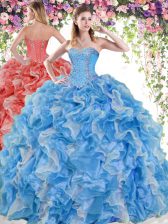  Blue And White Ball Gowns Beading and Ruffles Quince Ball Gowns Lace Up Organza Sleeveless Floor Length