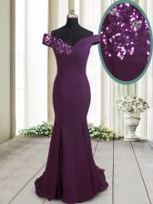  Mermaid Chiffon Off The Shoulder Sleeveless Brush Train Zipper Beading and Sequins Prom Evening Gown in Dark Purple