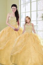 Traditional Gold Vestidos de Quinceanera Military Ball and Sweet 16 and Quinceanera with Beading and Sequins Sweetheart Sleeveless Lace Up