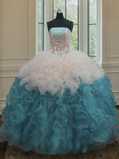 Custom Design Blue And White Ball Gown Prom Dress Military Ball and Sweet 16 and Quinceanera with Beading and Ruffles Strapless Sleeveless Lace Up