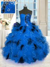 Deluxe Floor Length Lace Up Ball Gown Prom Dress Blue for Military Ball and Sweet 16 and Quinceanera with Beading and Ruffles