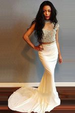 Charming Mermaid Scoop White Cap Sleeves Sweep Train Beading Prom Dresses