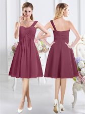  One Shoulder Burgundy Sleeveless Knee Length Ruching Zipper Quinceanera Dama Dress