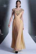  Scoop Floor Length Peach Prom Gown Chiffon Cap Sleeves Beading and Appliques