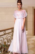 Extravagant Pink Column/Sheath Chiffon Scoop Cap Sleeves Beading Ankle Length Side Zipper Evening Dress