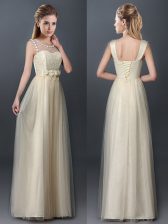 Comfortable Scoop Champagne Sleeveless Lace and Hand Made Flower Floor Length Vestidos de Damas